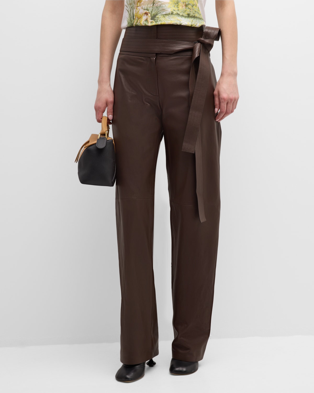 Shop Loewe Belted Leather Straight-leg Trousers In Dark Choco