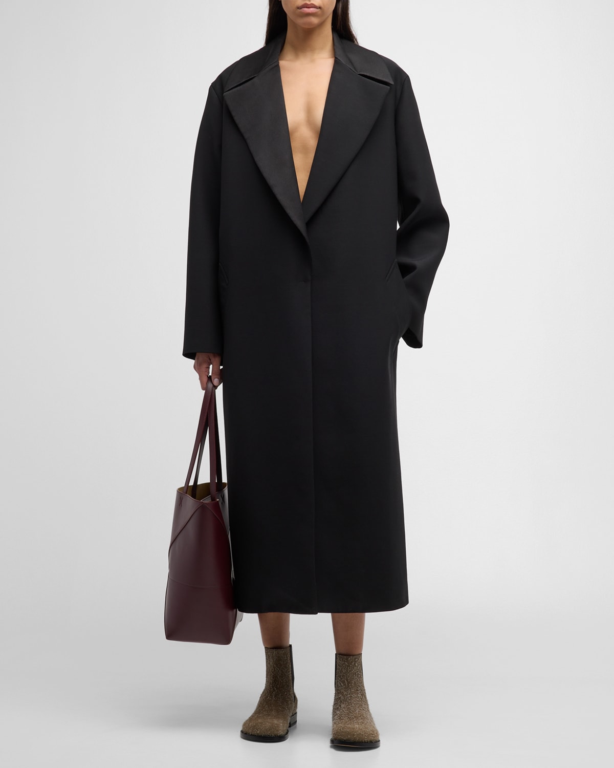 Shop Loewe Satin-lapel Oversized Tailored Long Coat In Black