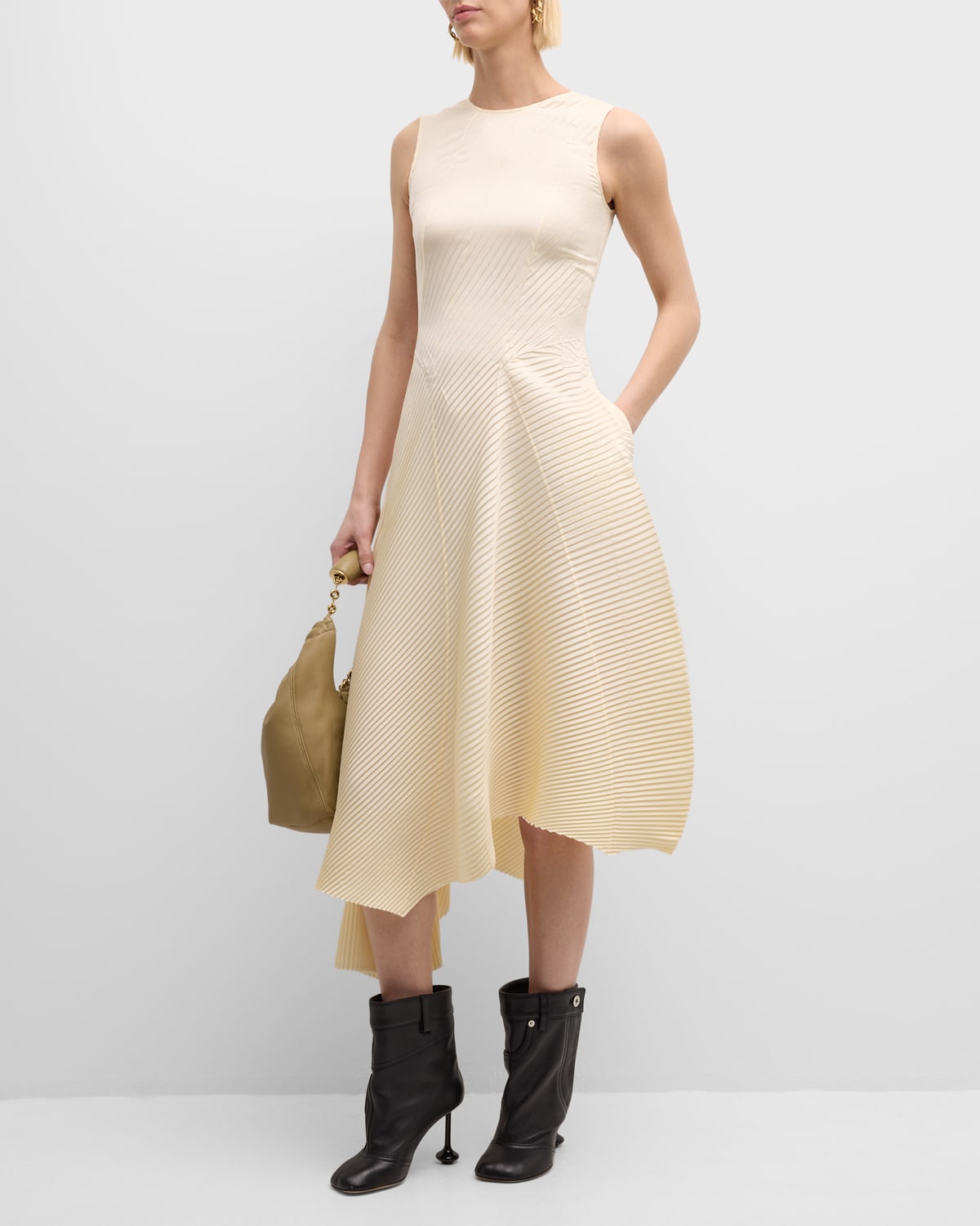 Shop Loewe Pleated Sleeveless Asymmetric Midi Dress In Ivory