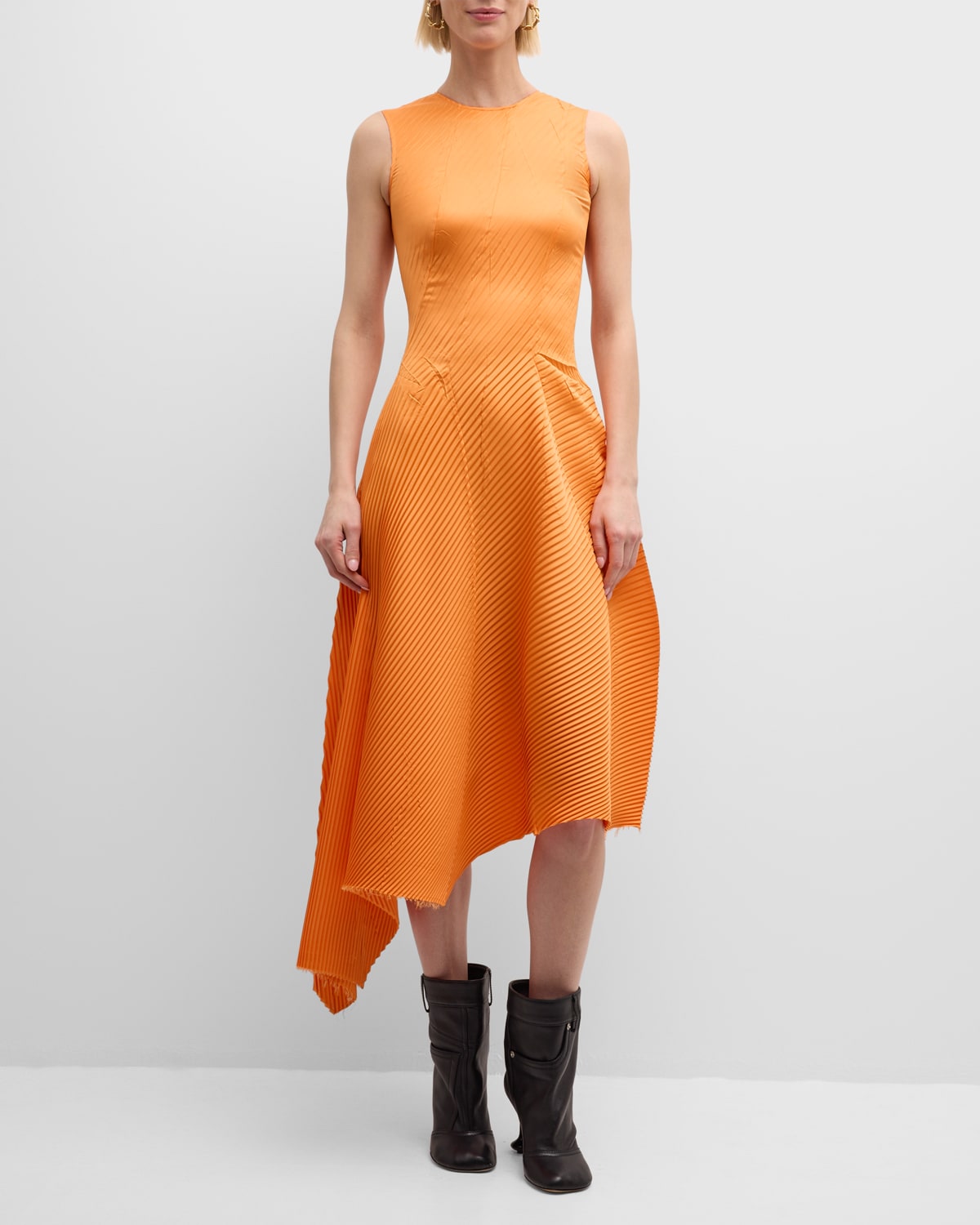 Shop Loewe Pleated Sleeveless Asymmetric Midi Dress In Orange