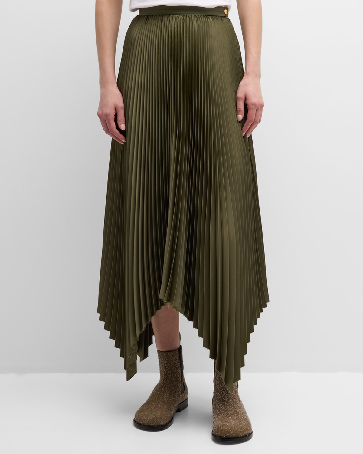 Shop Loewe Pleated Handkerchief-hem Midi Skirt In Military G
