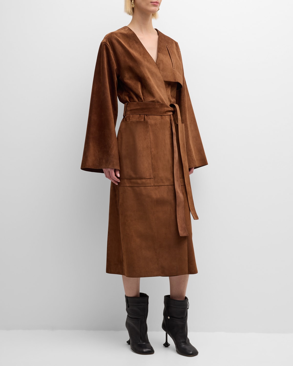 Shop Loewe Belted Suede Leather Long Wrap Coat In Stone