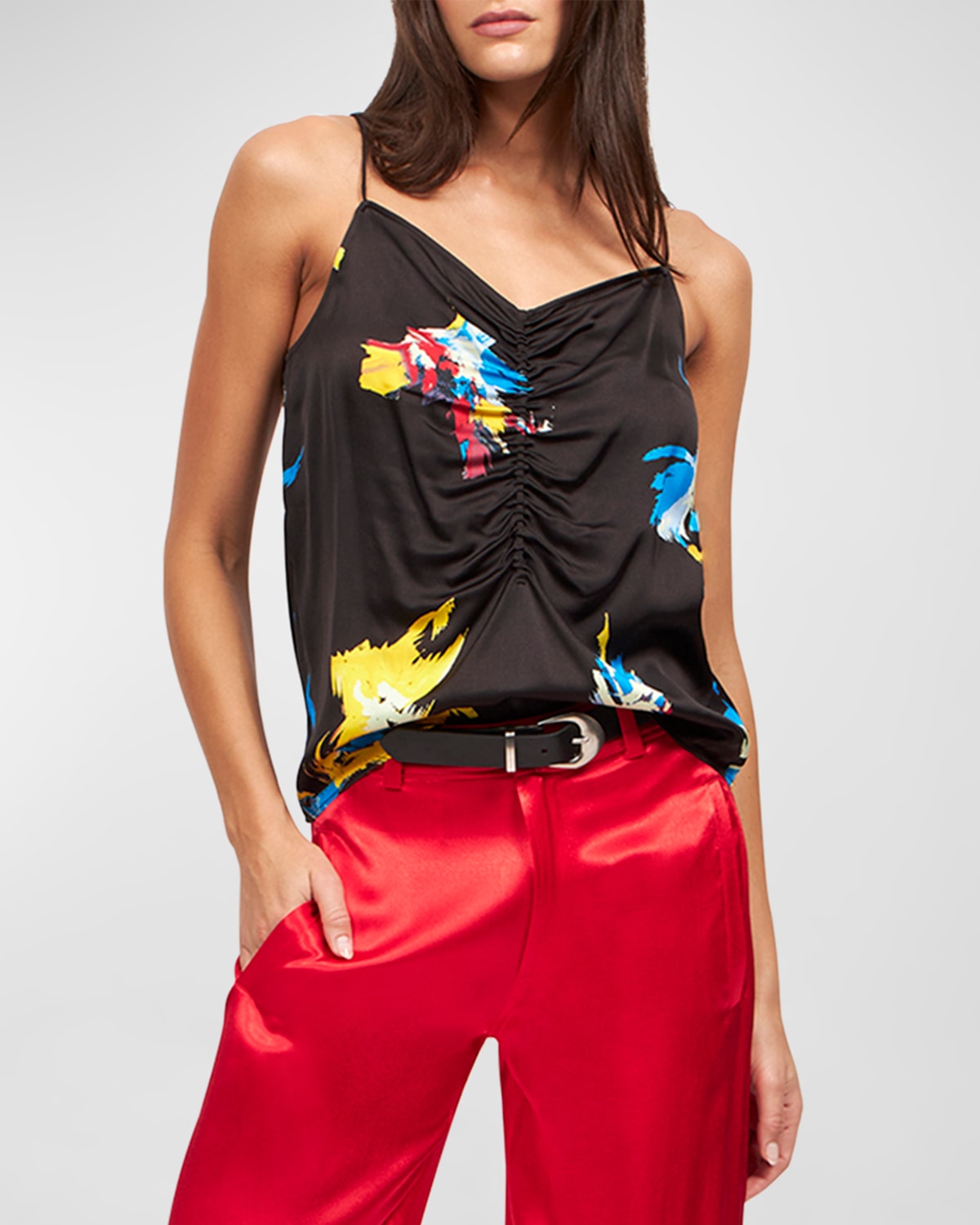 Lexi Ruched Abstract-Print Satin Blouse