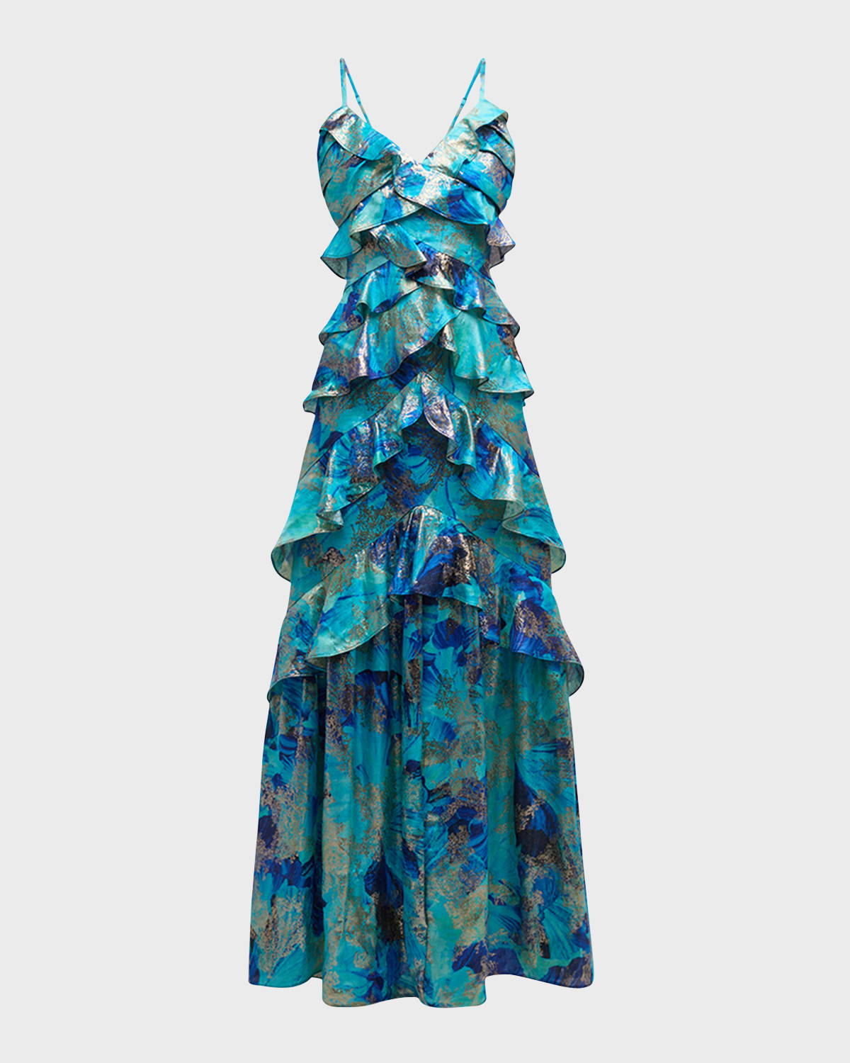Ramy Brook Harlen Ruffle Tiered Metallic Jacquard Gown In Spring Navy Flora