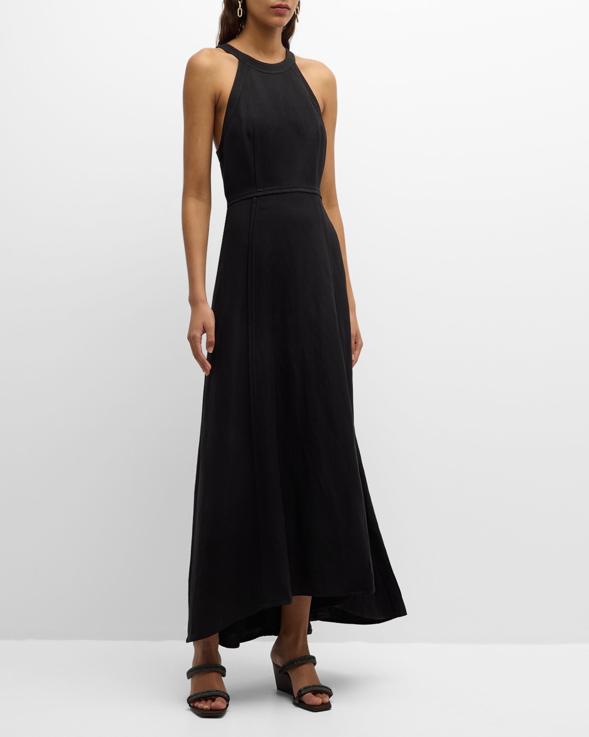 Shop Brunello Cucinelli Fluid Linen Twill Maxi Dress With Monili Detail In C101 Black Monile R