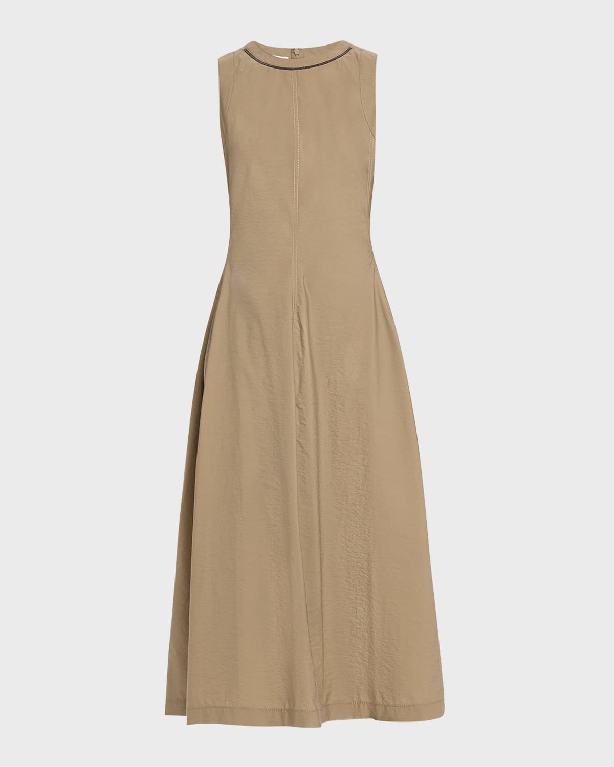 Shop Brunello Cucinelli Techno Cotton Popeline Midi Dress With Monili Collar Detail In C7538 Fango Monile U