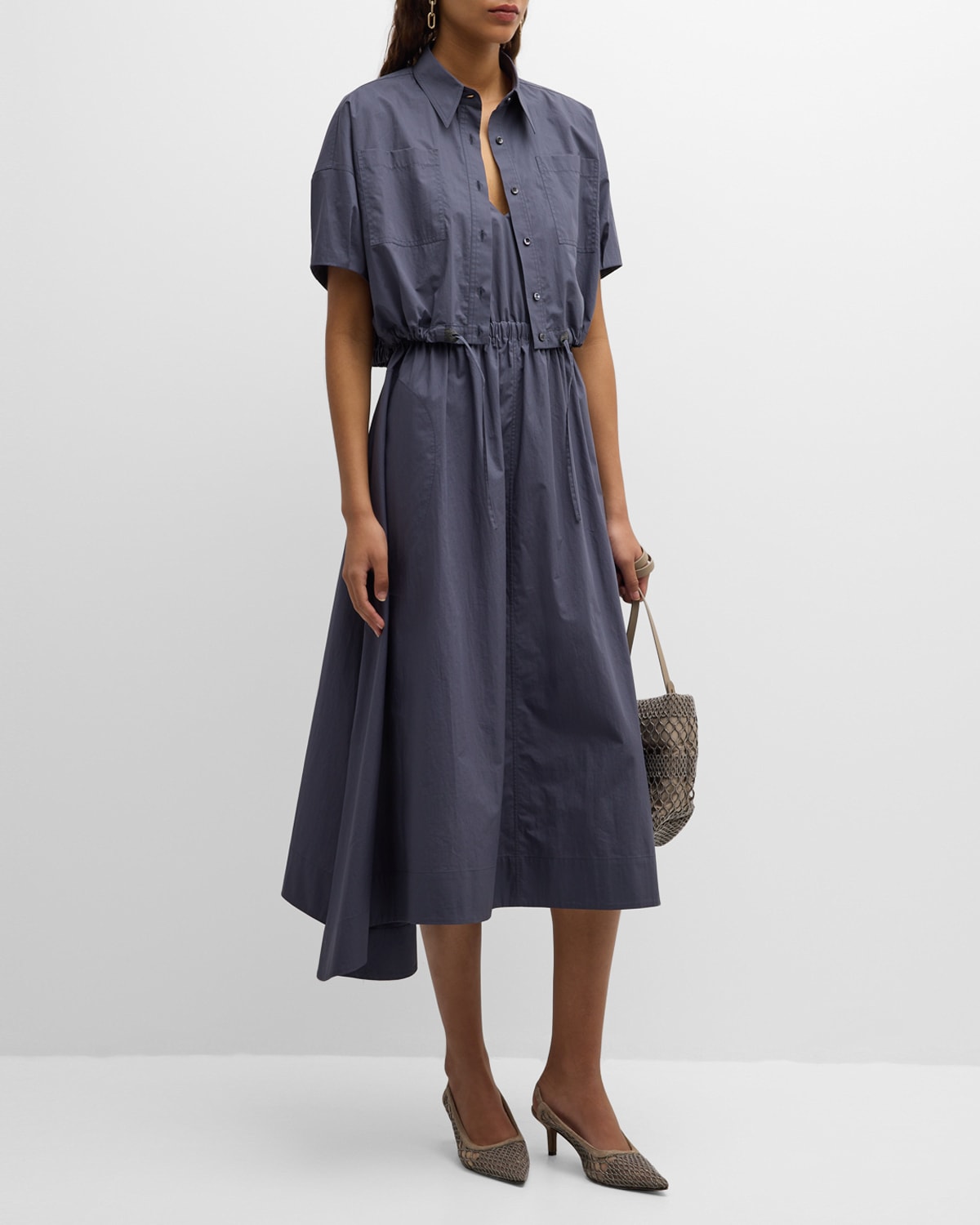 Shop Brunello Cucinelli Light-weight Shirtdress With Fitted Waist And Monili Loop Detail In C8901 Night Sky Ultr