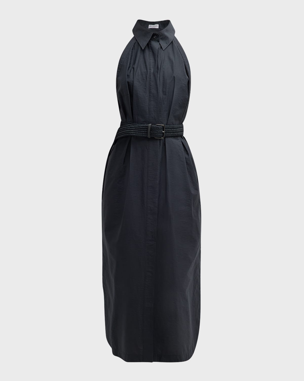 Techno Cotton Poplin Shirtdress with Raffia Belt and Monili Detail