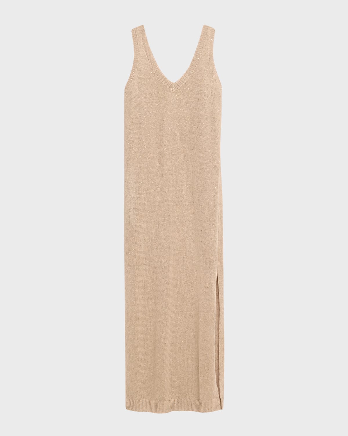 Brunello Cucinelli Linen Silk Diamante Knit Column Dress With Monili Detail In C8695 Wheat Stalk