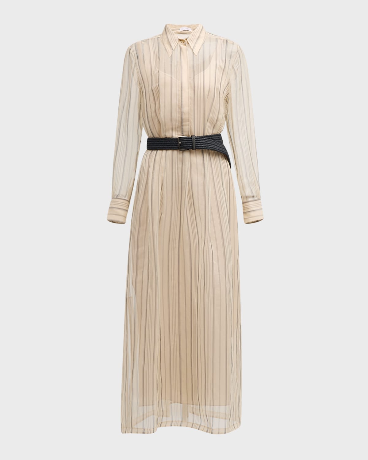 Shop Brunello Cucinelli Striped Chiffon Maxi Shirtdress With Monili-trim Raffia Belt In C001 Panama Greymoni