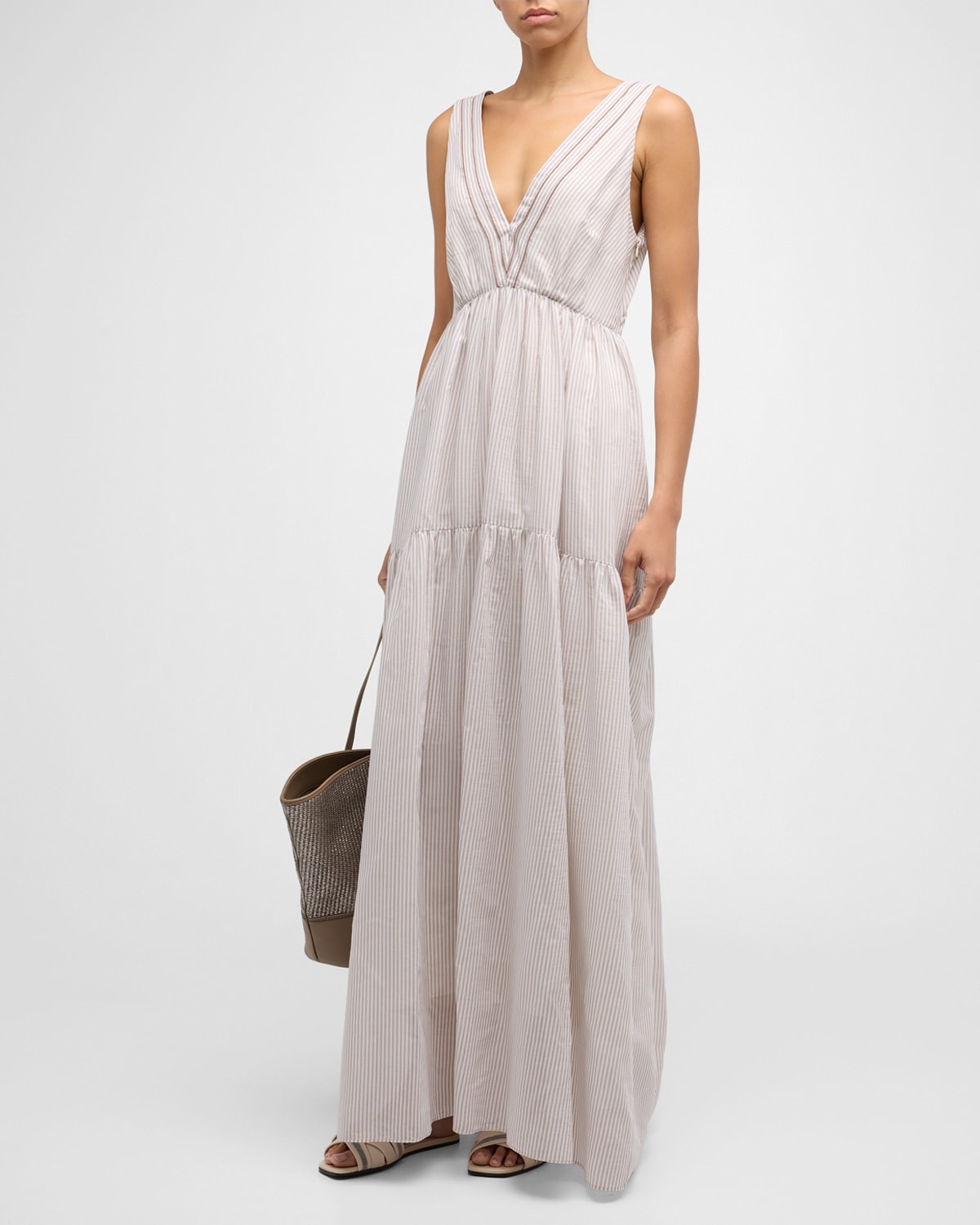Shop Brunello Cucinelli Cotton Silk Striped Maxi Dress With Ruffled Waist And Monili Detail In C460 Panama Sand Lig