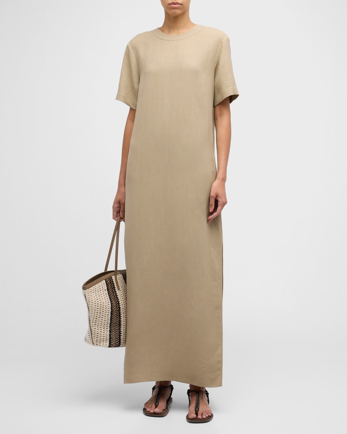 Shop Brunello Cucinelli Fluid Linen Twill T-shirt Dress With Slits And Monili Detail In C8576 Light Taupe M