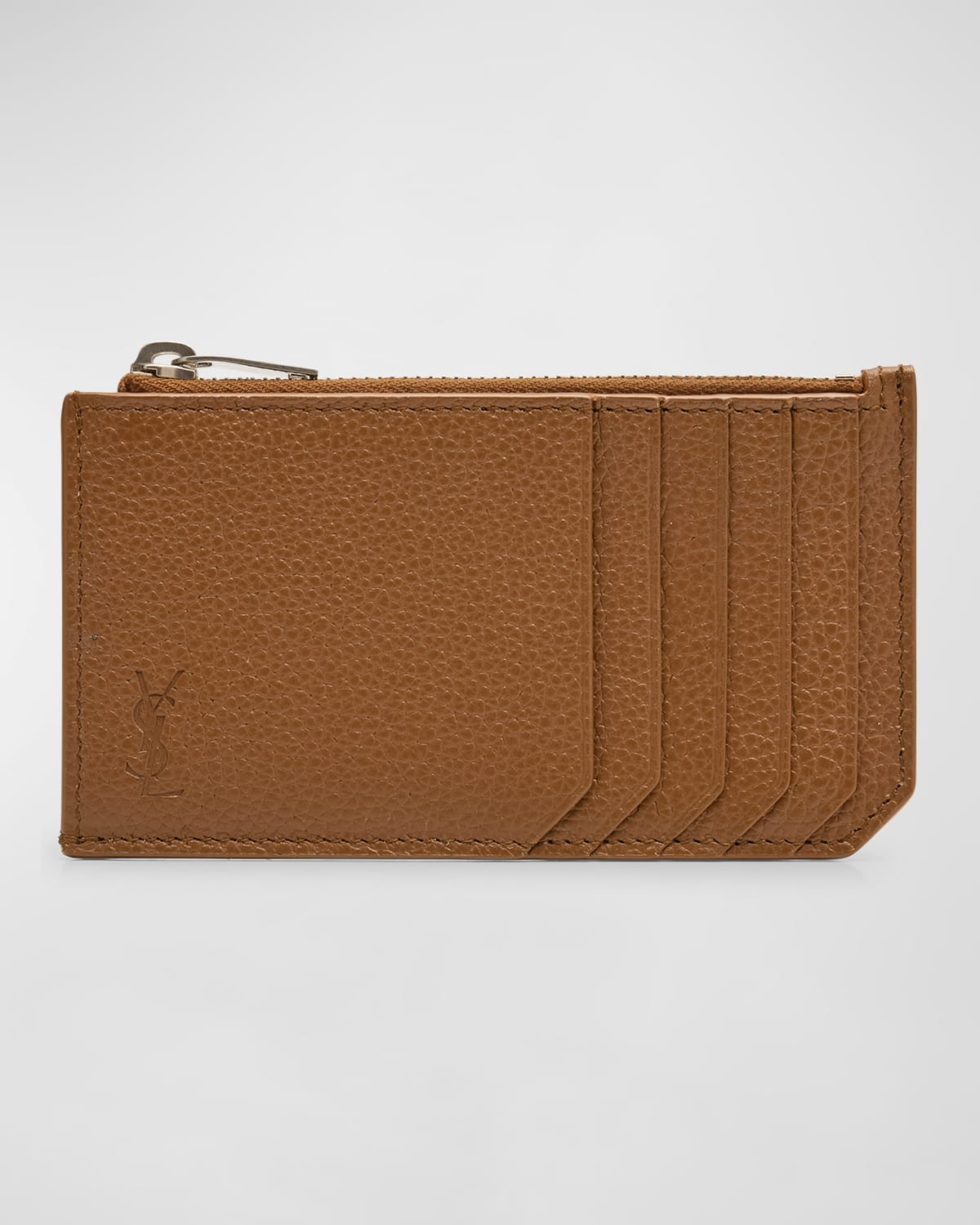 Shop Saint Laurent Men's Ysl Zip Card Holder In Leather In Chestnut