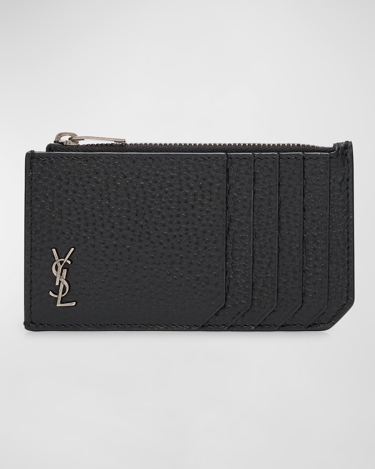 Shop Saint Laurent Men's Ysl Zip Card Holder In Grained Leather In Nero