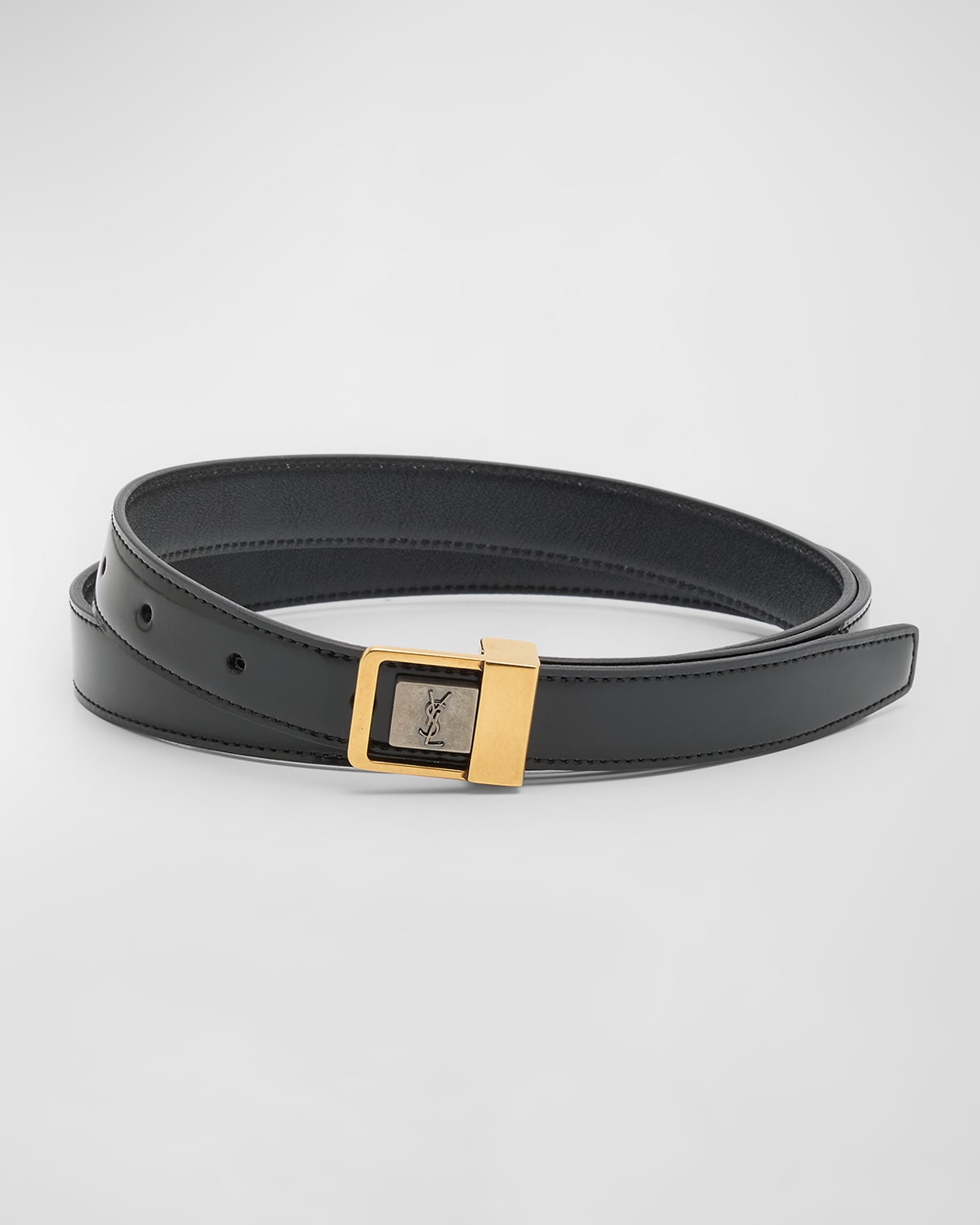 Saint Laurent Men's La 66 Thin Ysl Belt In Shiny Leather In Nero