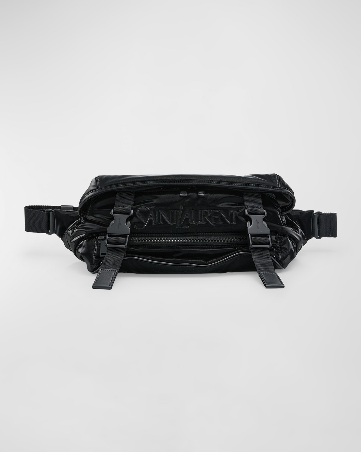 Shop Saint Laurent Men's Logo Crossbody Bag In Silktech Canvas In Nero
