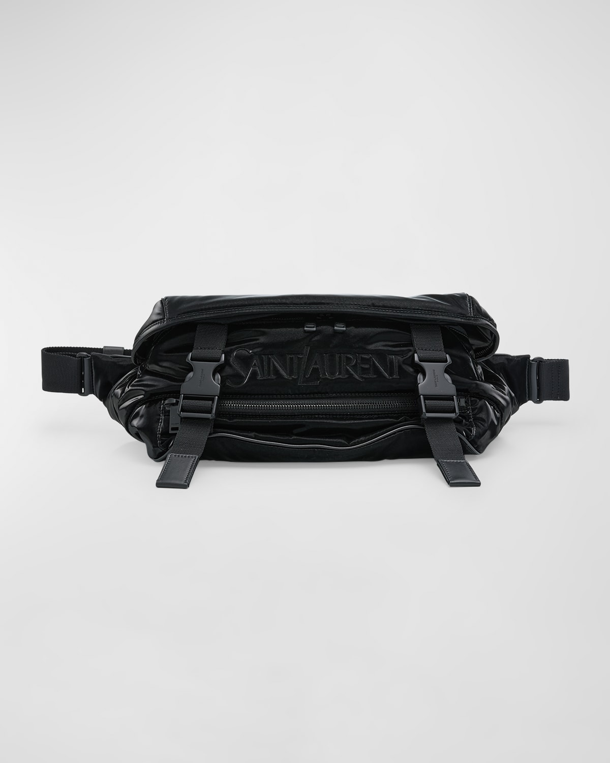 Saint Laurent Men's Logo Crossbody Bag In Silktech Canvas In Nero