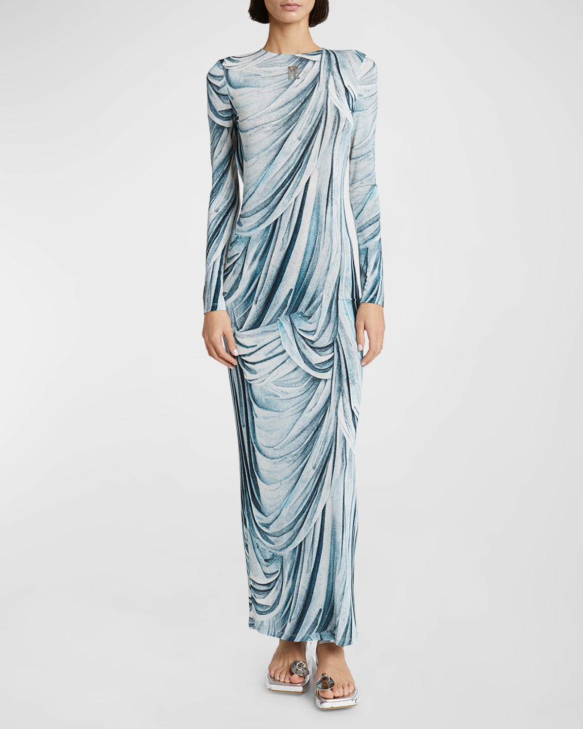 Shop Rabanne Draped-print Long-sleeve Backless Maxi Dress In Drappe Bleu