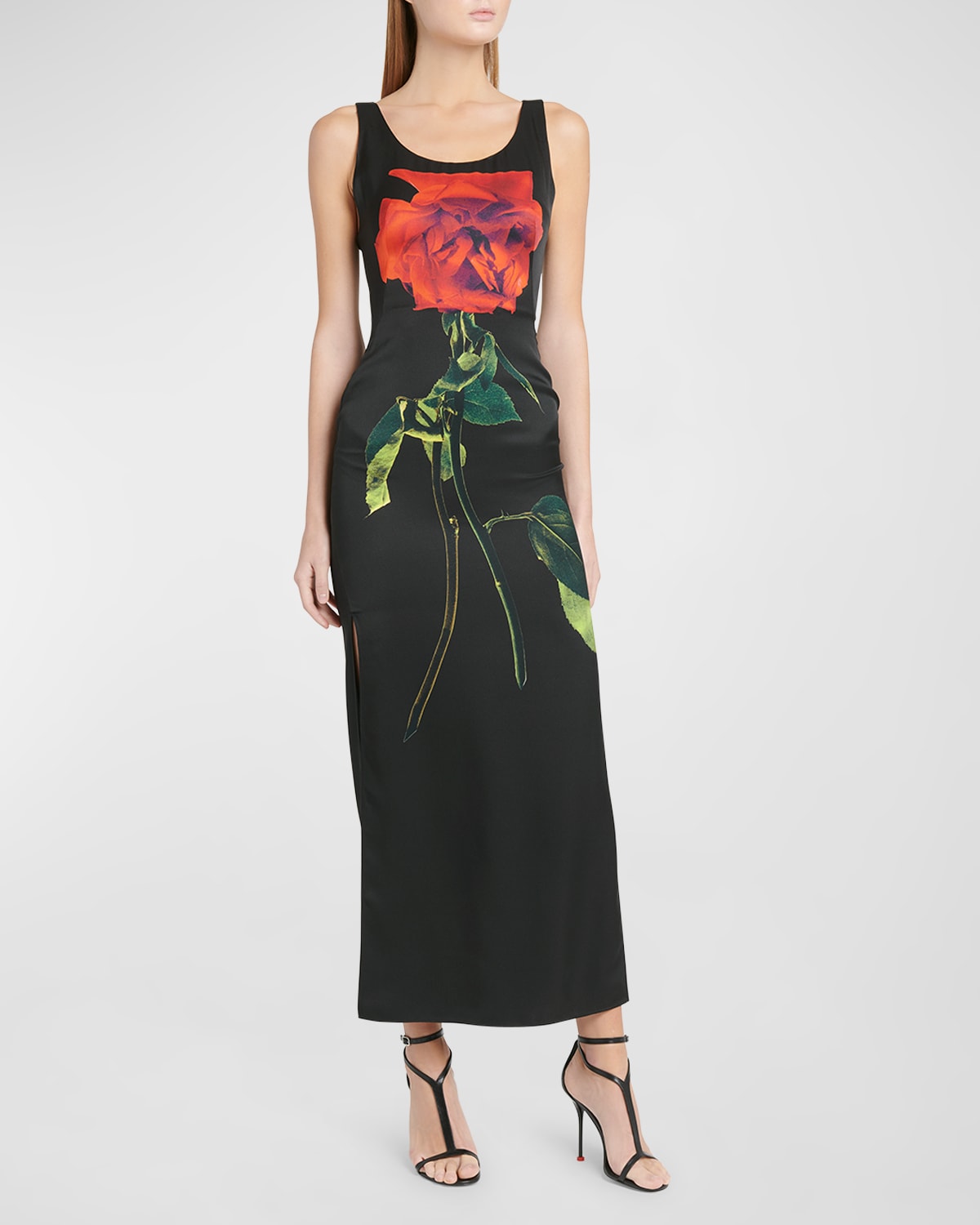 Scoop-Neck Sleeveless Flower-Print Silk Maxi Dress