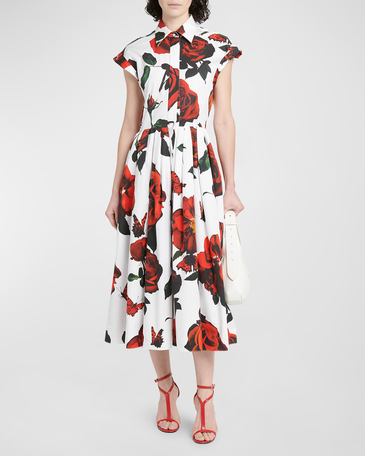 Shop Alexander Mcqueen Floral-print Pleated Cap-sleeve Midi Shirtdress In White