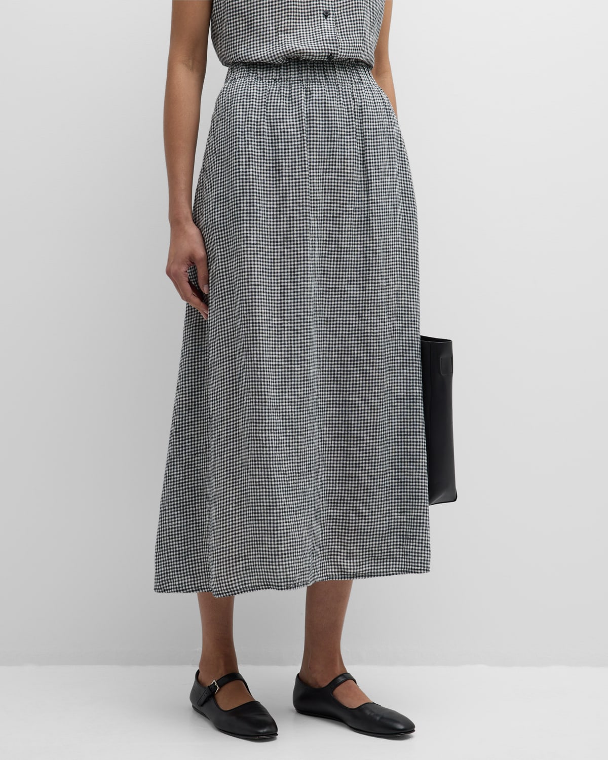 Shop Eileen Fisher Crinkled Gingham Organic Linen Midi Skirt In Blackwhite