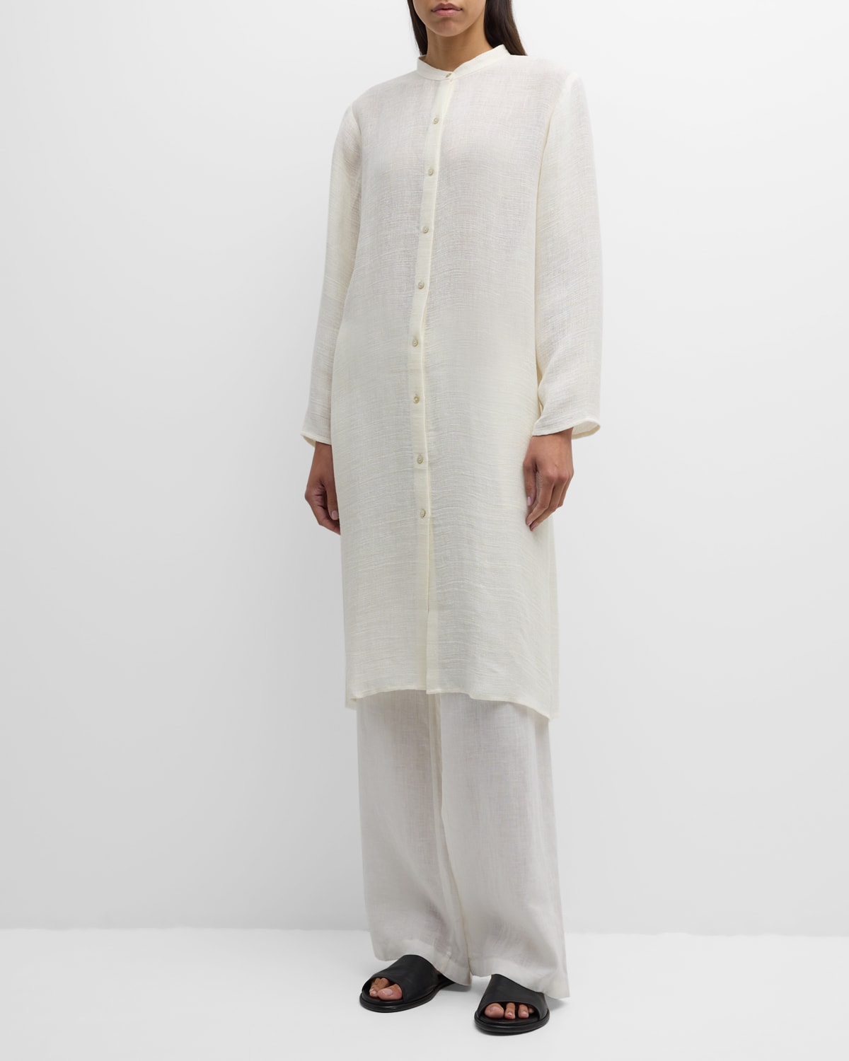 Shop Eileen Fisher Button-down Organic Linen Gauze Shirt In White