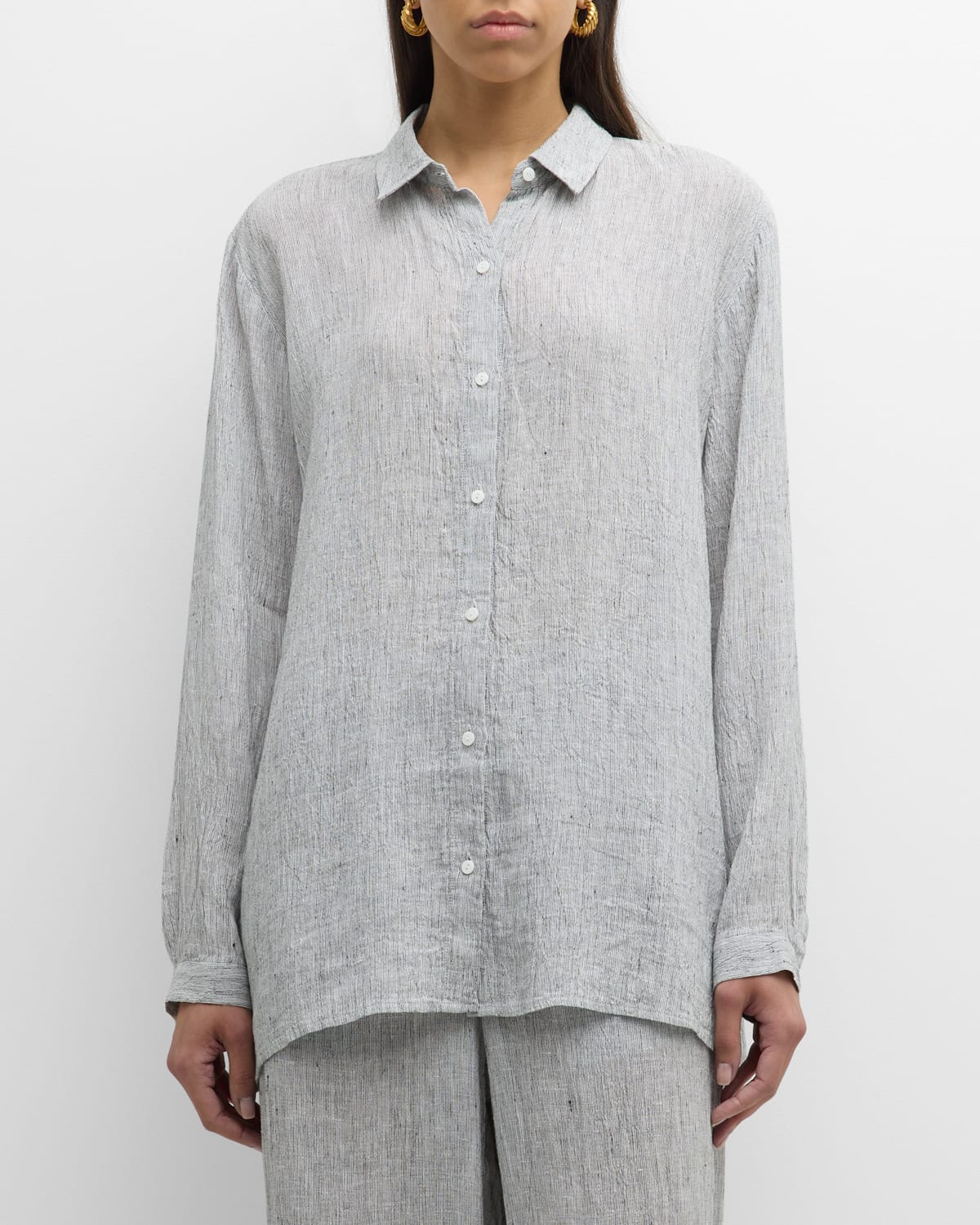 Shop Eileen Fisher Gingham Button-down Organic Linen Shirt In Whiteblack