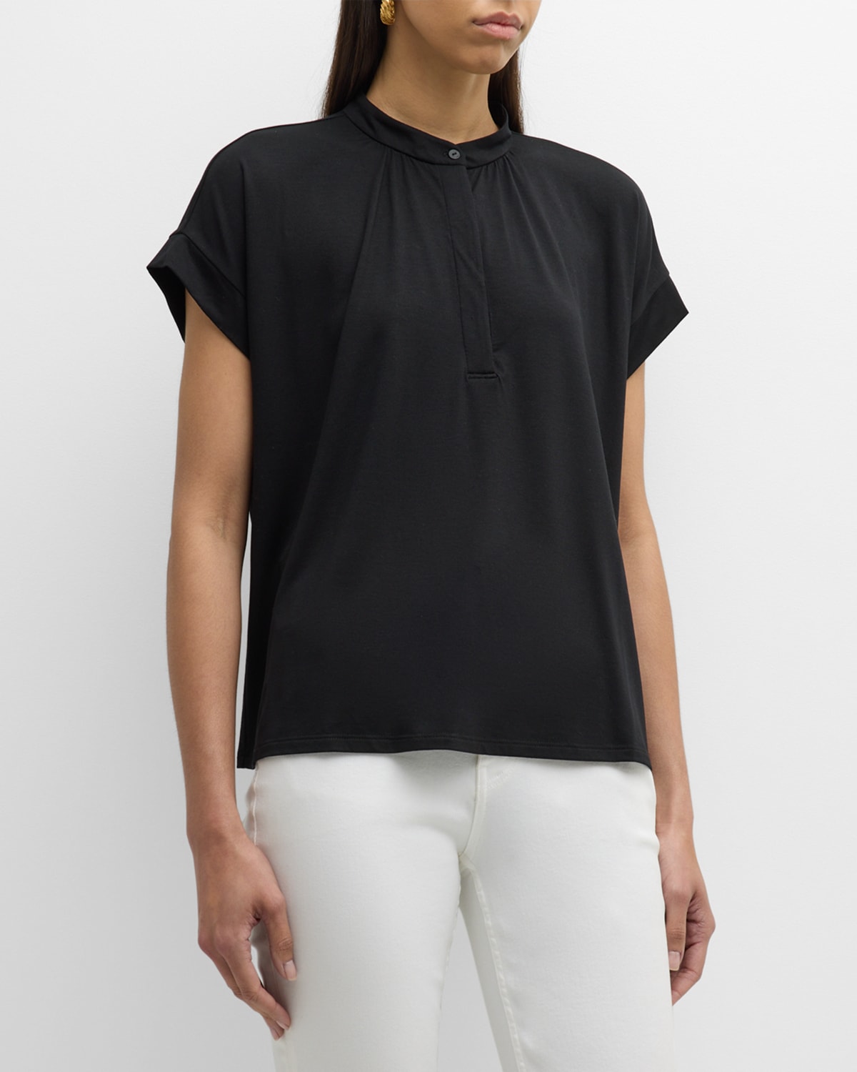 Shop Eileen Fisher Band-collar Ruched Jersey Henley Top In Black