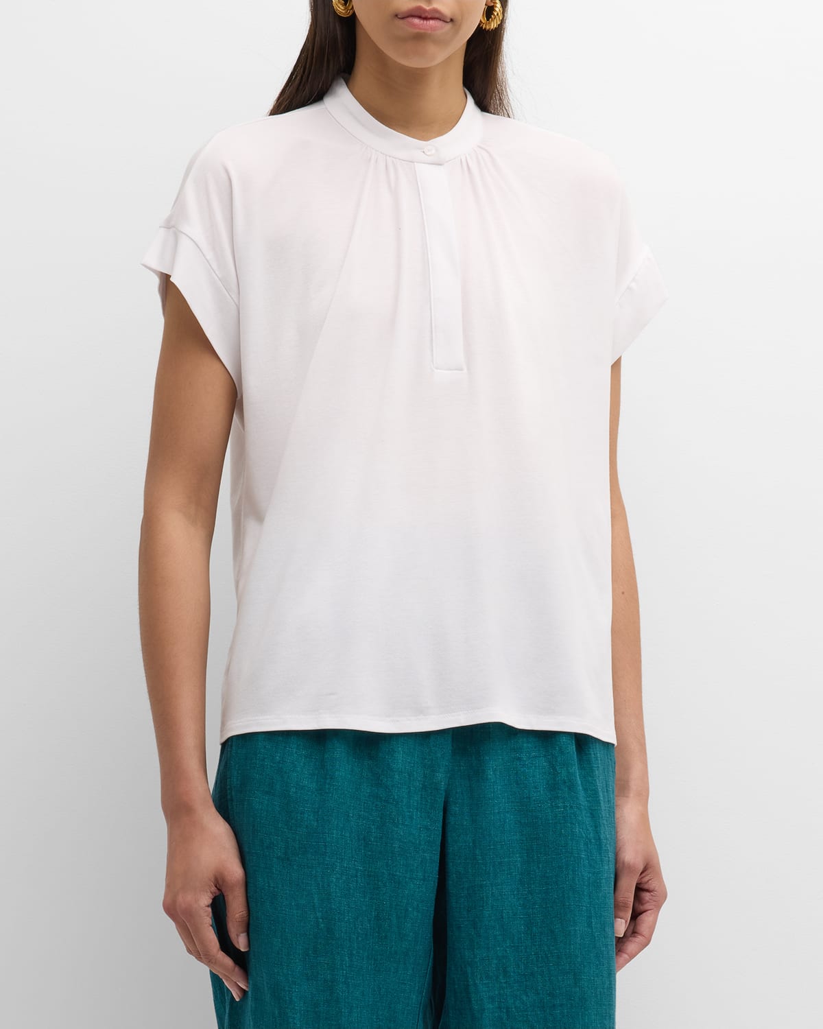 Shop Eileen Fisher Band-collar Ruched Jersey Henley Top In White