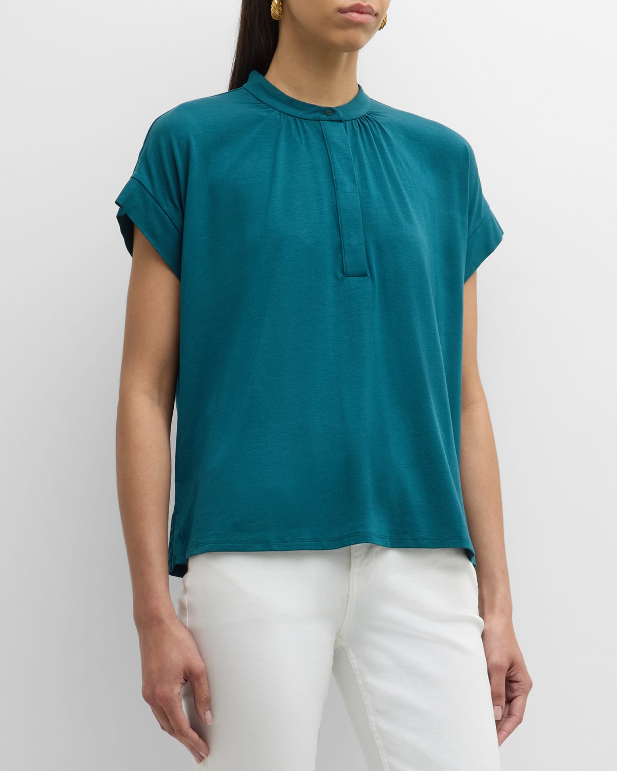 Shop Eileen Fisher Band-collar Ruched Jersey Henley Top In Aegean
