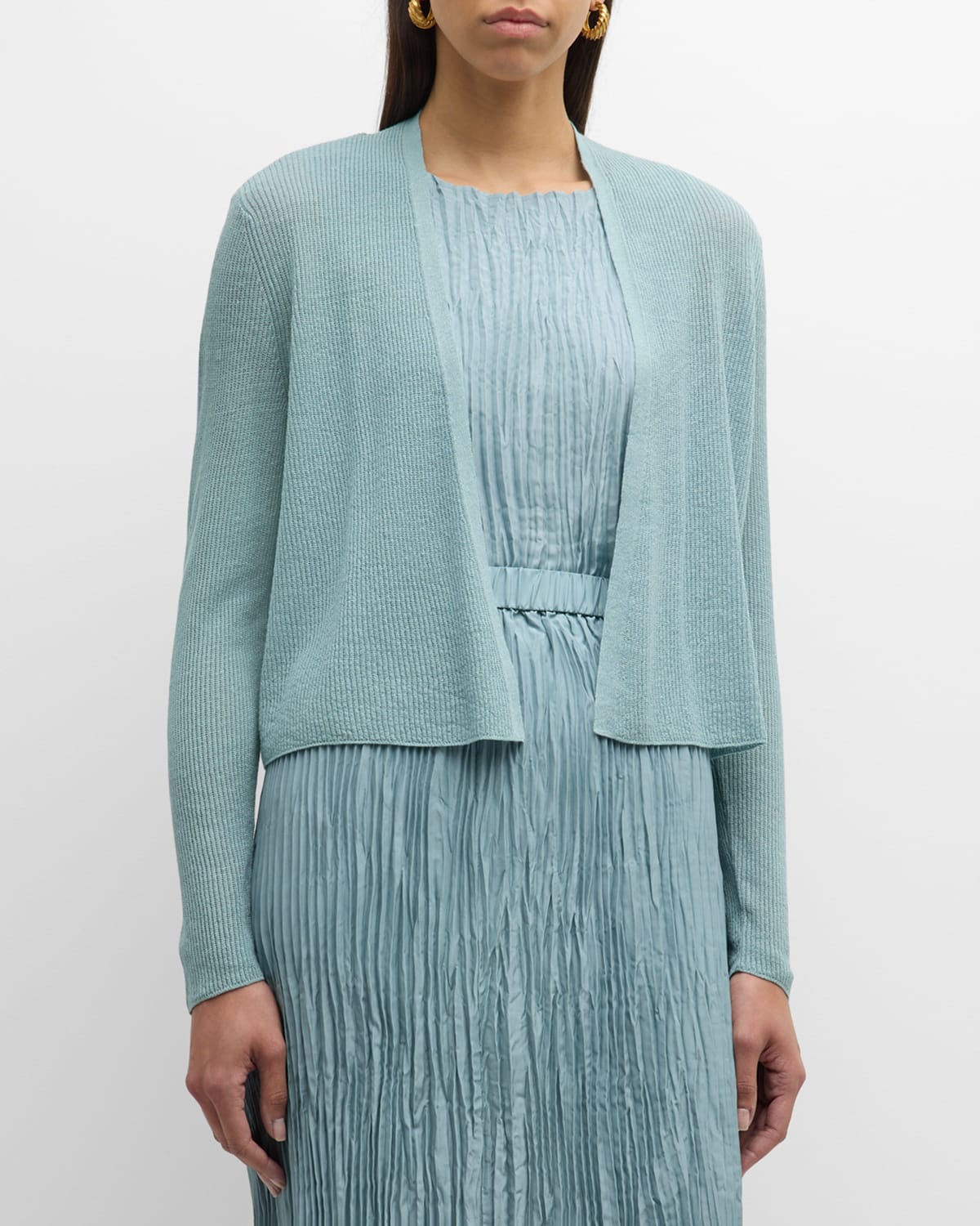 Shop Eileen Fisher Ribbed Open-front Organic Linen-cotton Cardigan In Seafoam