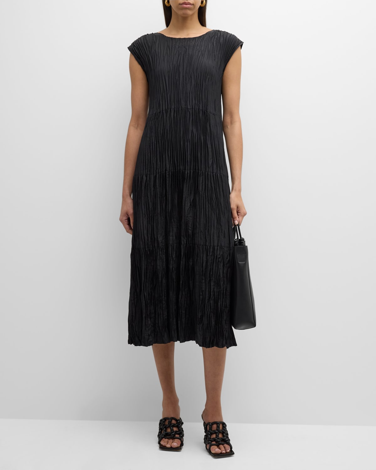 Shop Eileen Fisher Tiered A-line Crinkled Silk Midi Dress In Black