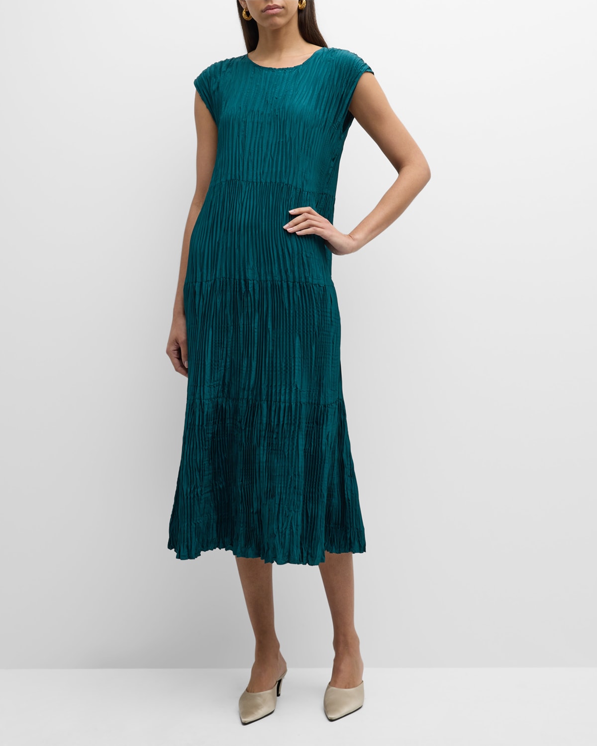 Shop Eileen Fisher Tiered A-line Crinkled Silk Midi Dress In Aegean