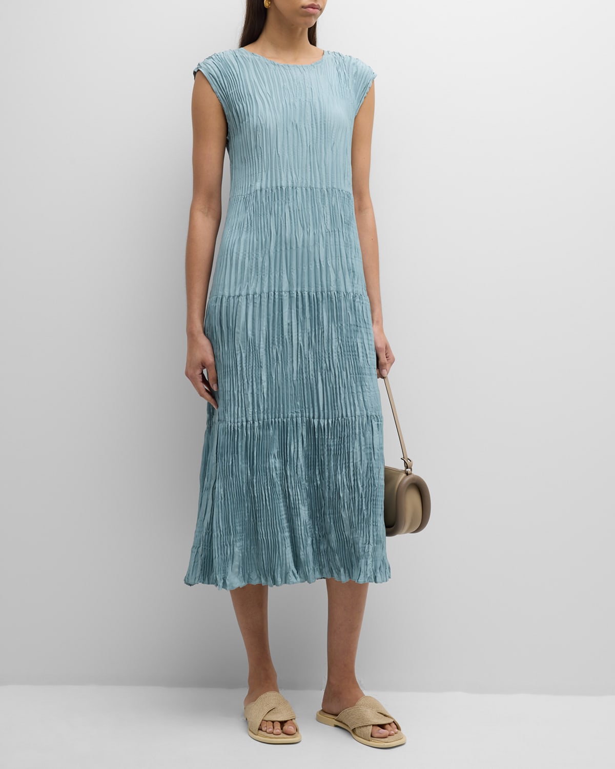 Shop Eileen Fisher Tiered A-line Crinkled Silk Midi Dress In Seafoam