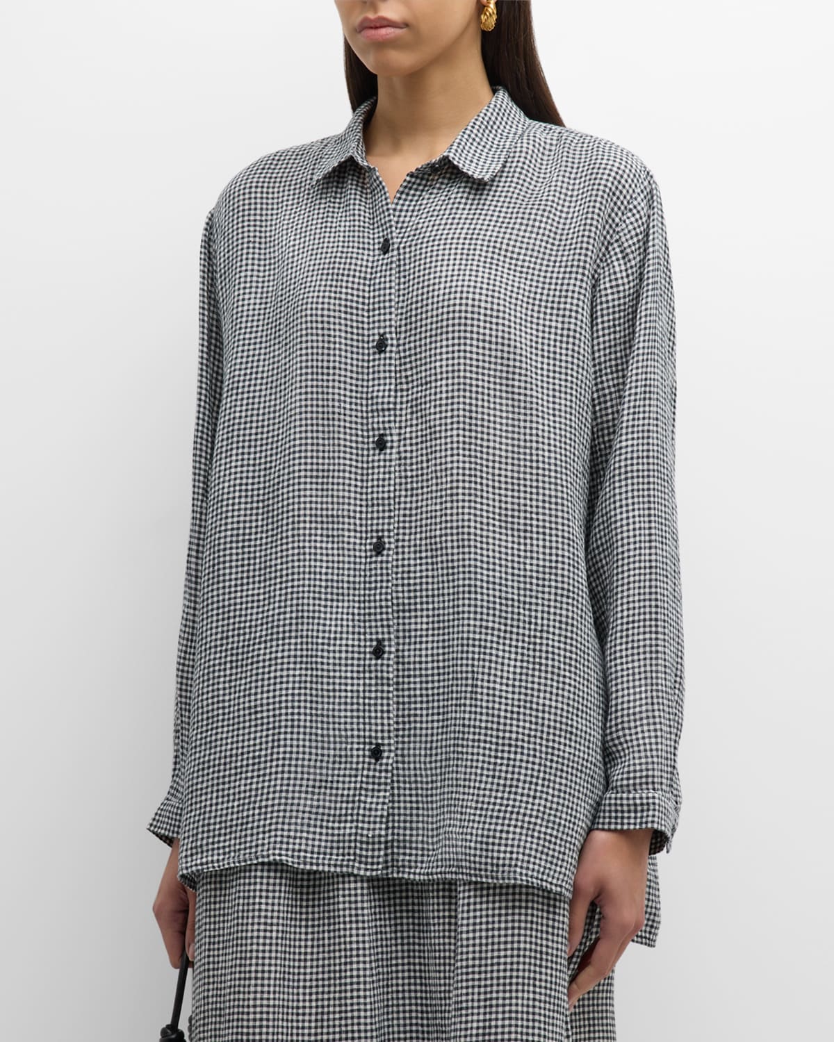 Shop Eileen Fisher Petite Striped Button-down Organic Linen Shirt In Blackwhite