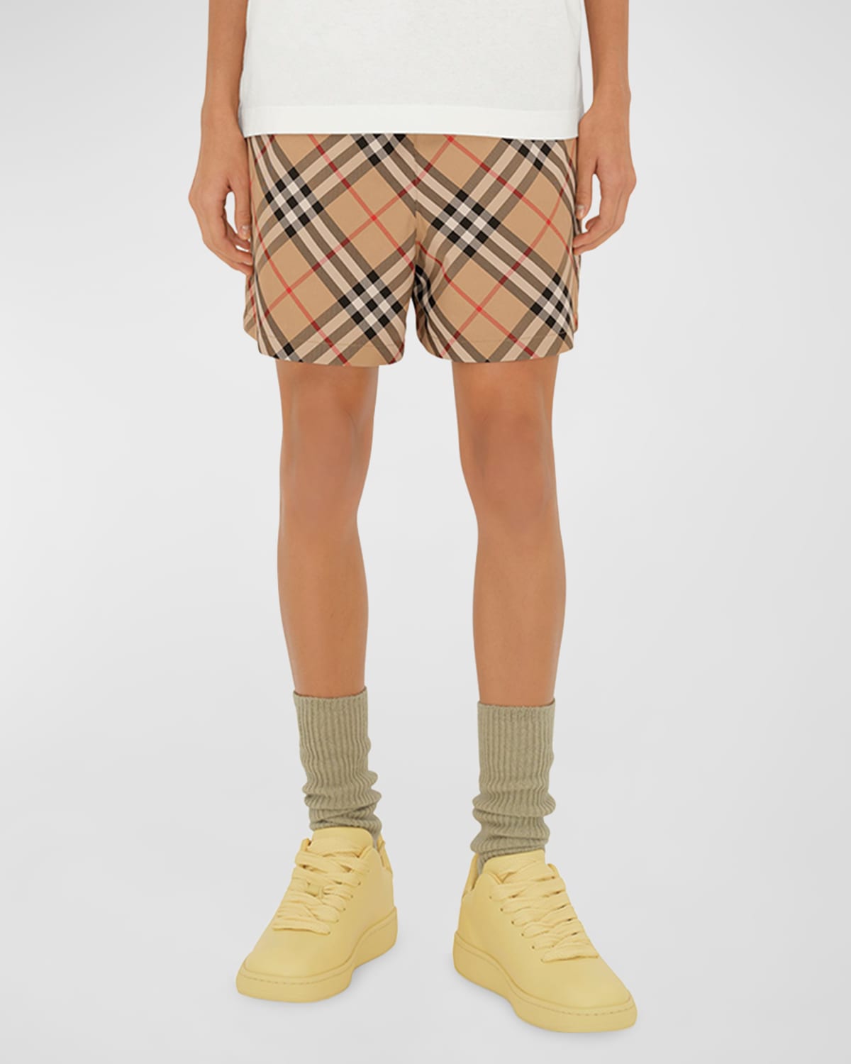 Shop Burberry Check Ekd Drawstring Pull-on Shorts In Sand Ip Check