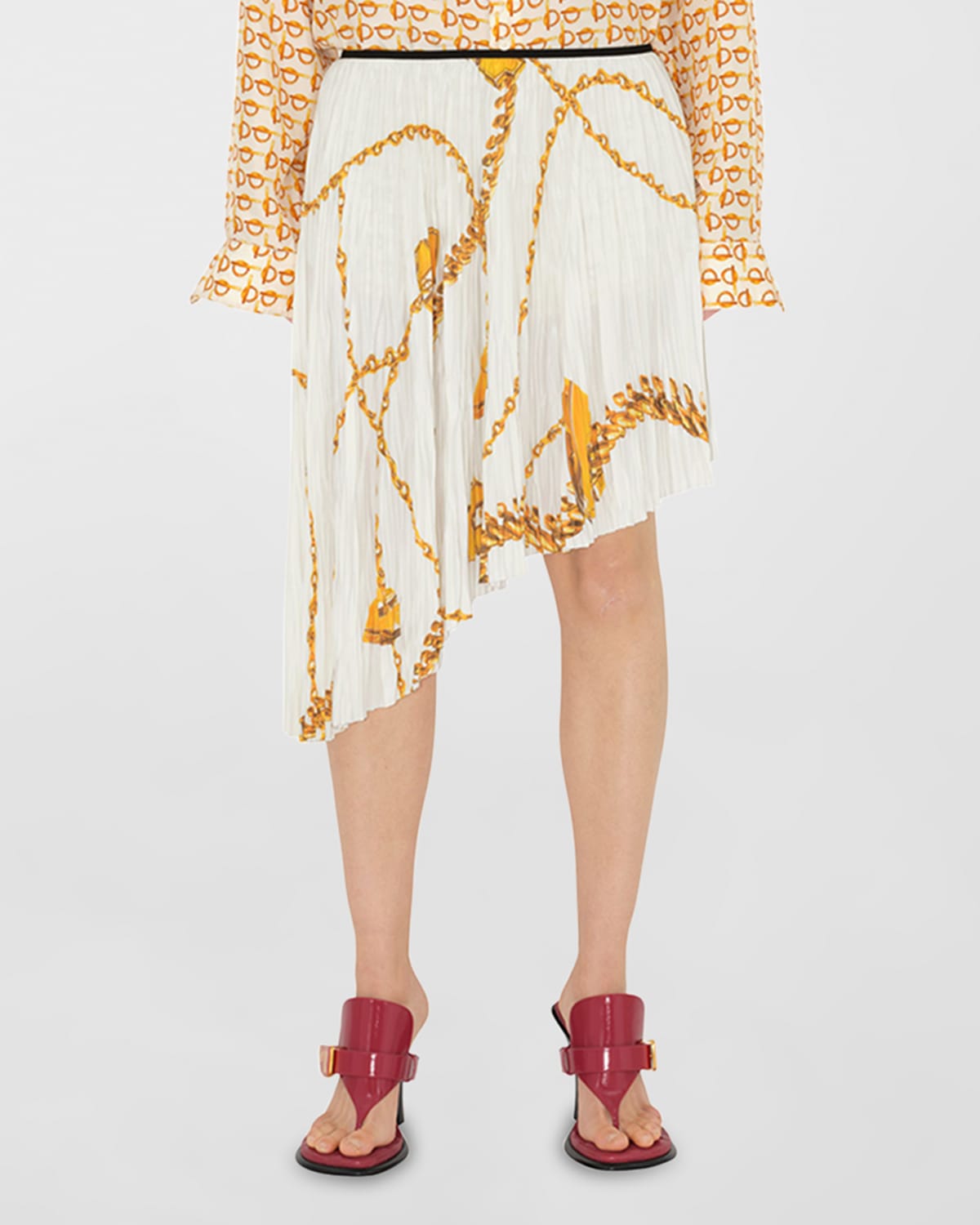 Burberry Pleated Asymmetric Chain-print Skirt In White