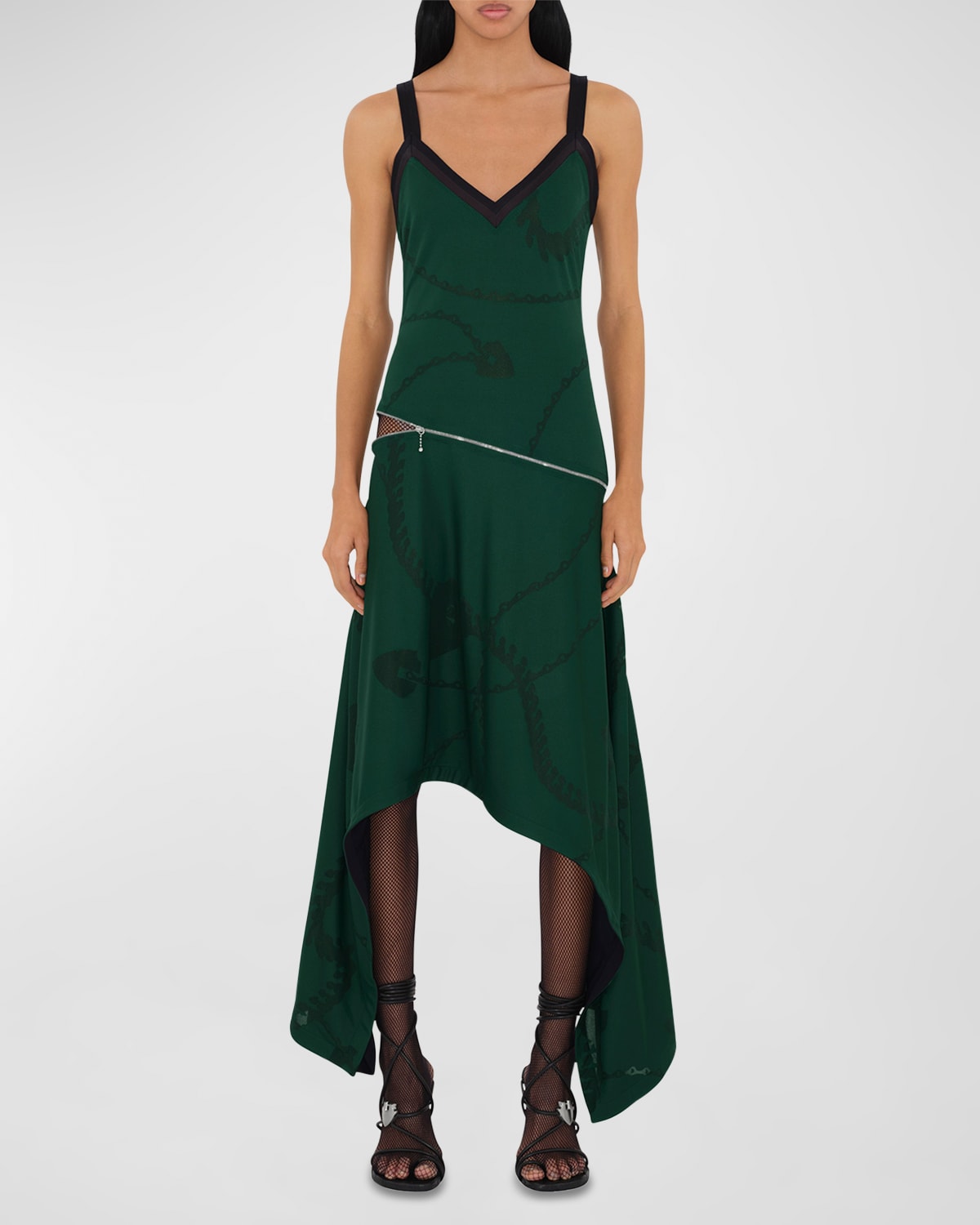 Burberry Chain-print Sleeveless Zip Asymmetric Handkerchief Midi Dress In Vine Ip Pattern