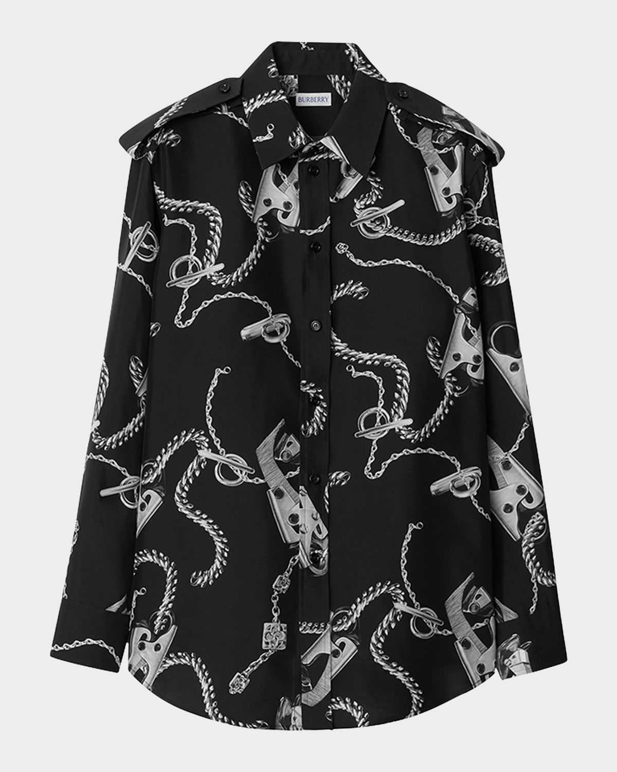 Burberry Chain-print Long-sleeve Collared Silk Top In Black