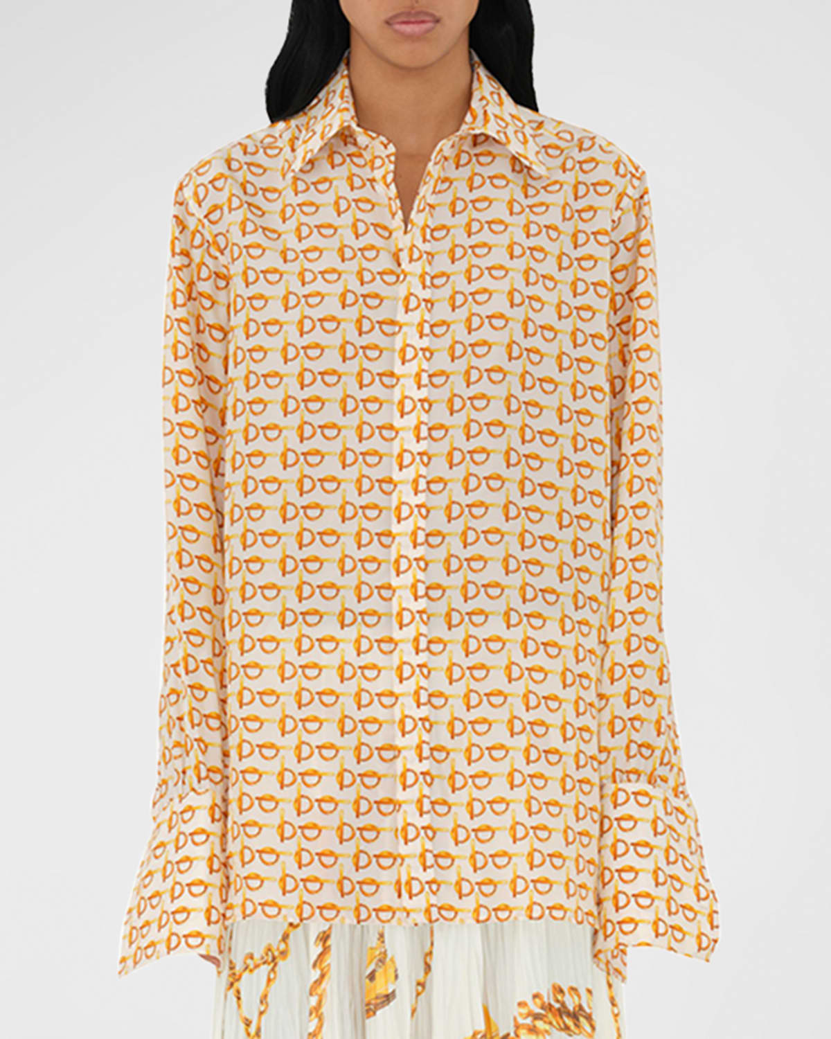 Shop Burberry Toggle-print Silk Button-down Top In Goldwhite