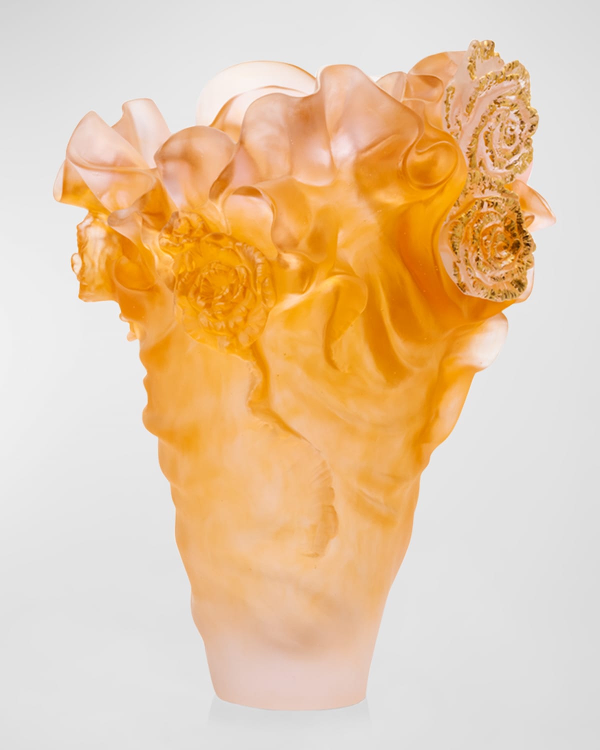 Daum Rose Royale Gold Leaf Vase In Amber Pink