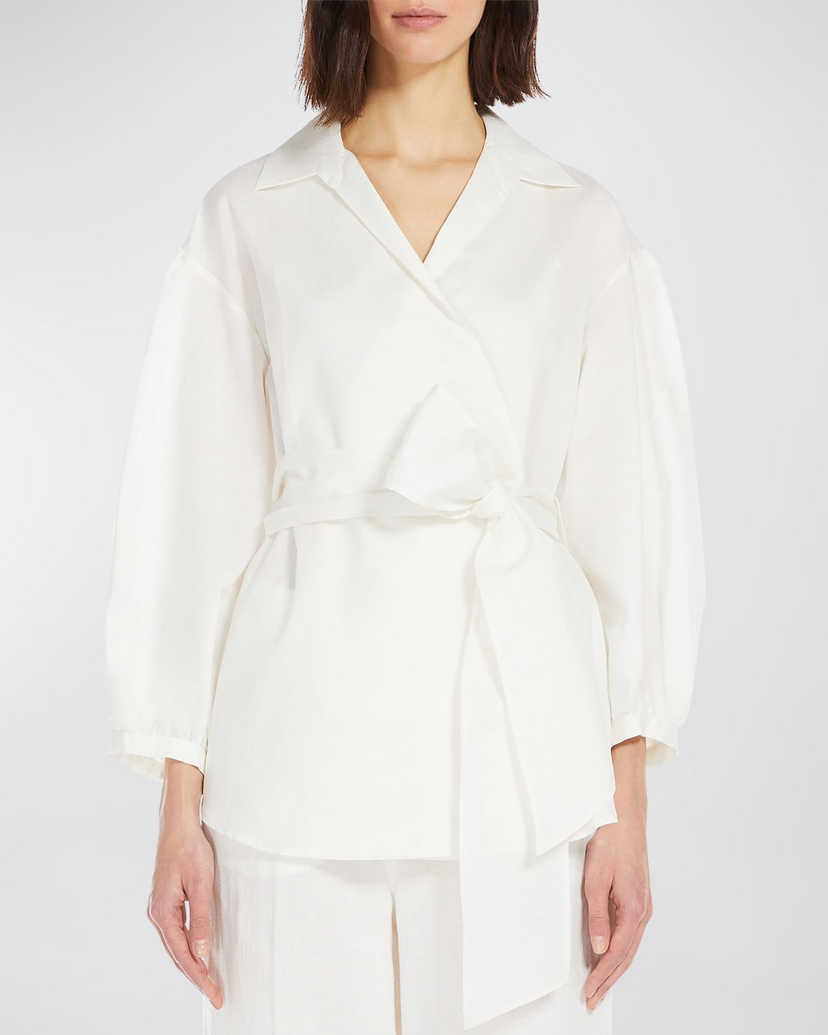 Shop Weekend Max Mara Silver Blouson-sleeve Cotton-silk Wrap Blouse In Optical White