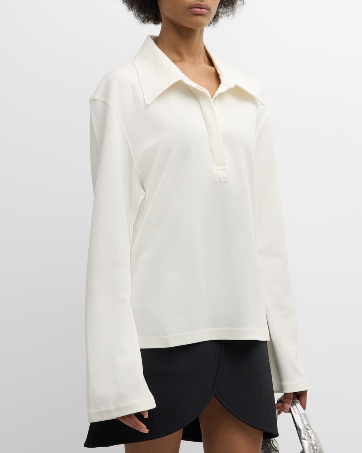 Shop Courrèges Long-sleeve Cotton Polo Shirt In Off White