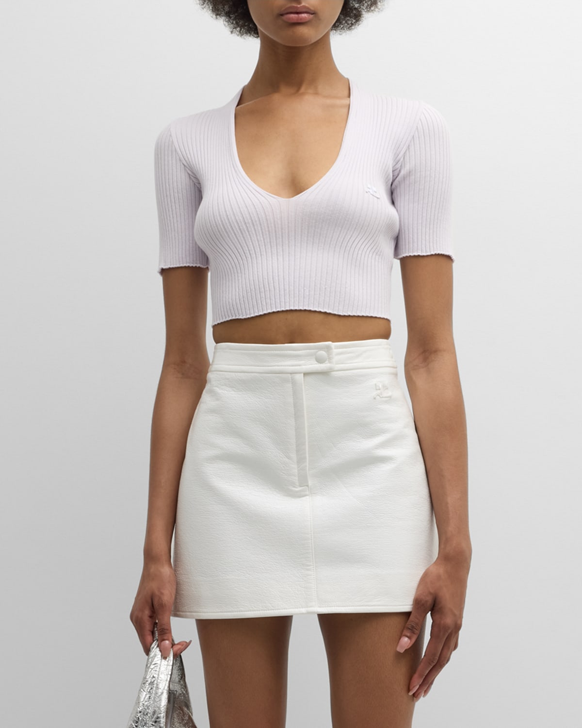 Courrèges V-neck Short-sleeve Rib Crop Sweater In White