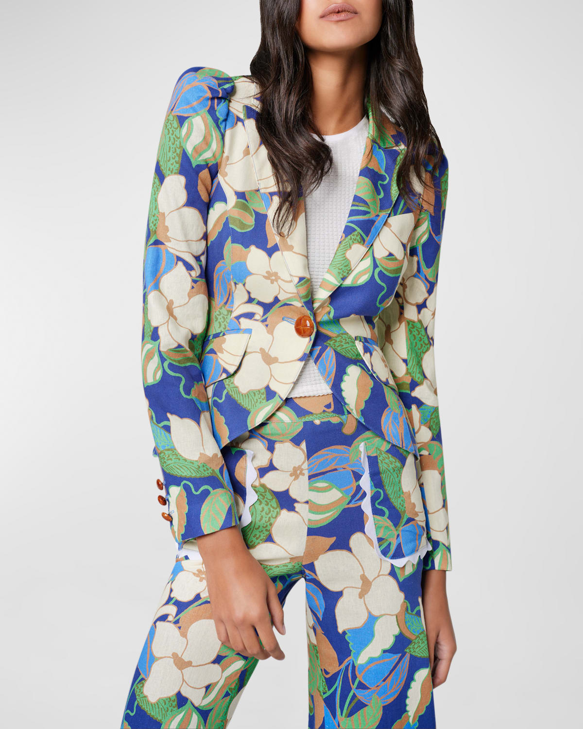 Pouf-Sleeve Floral Linen-Blend One-Button Blazer