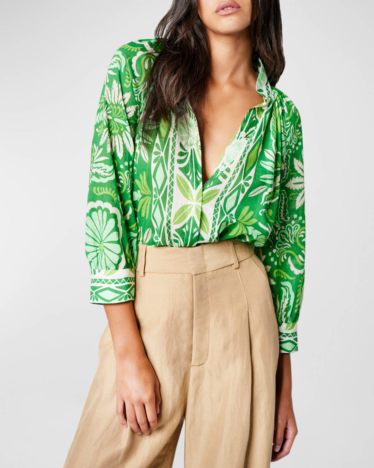 Shop Smythe Gathered Band-collar 3/4-sleeve Blouse In Green Tile