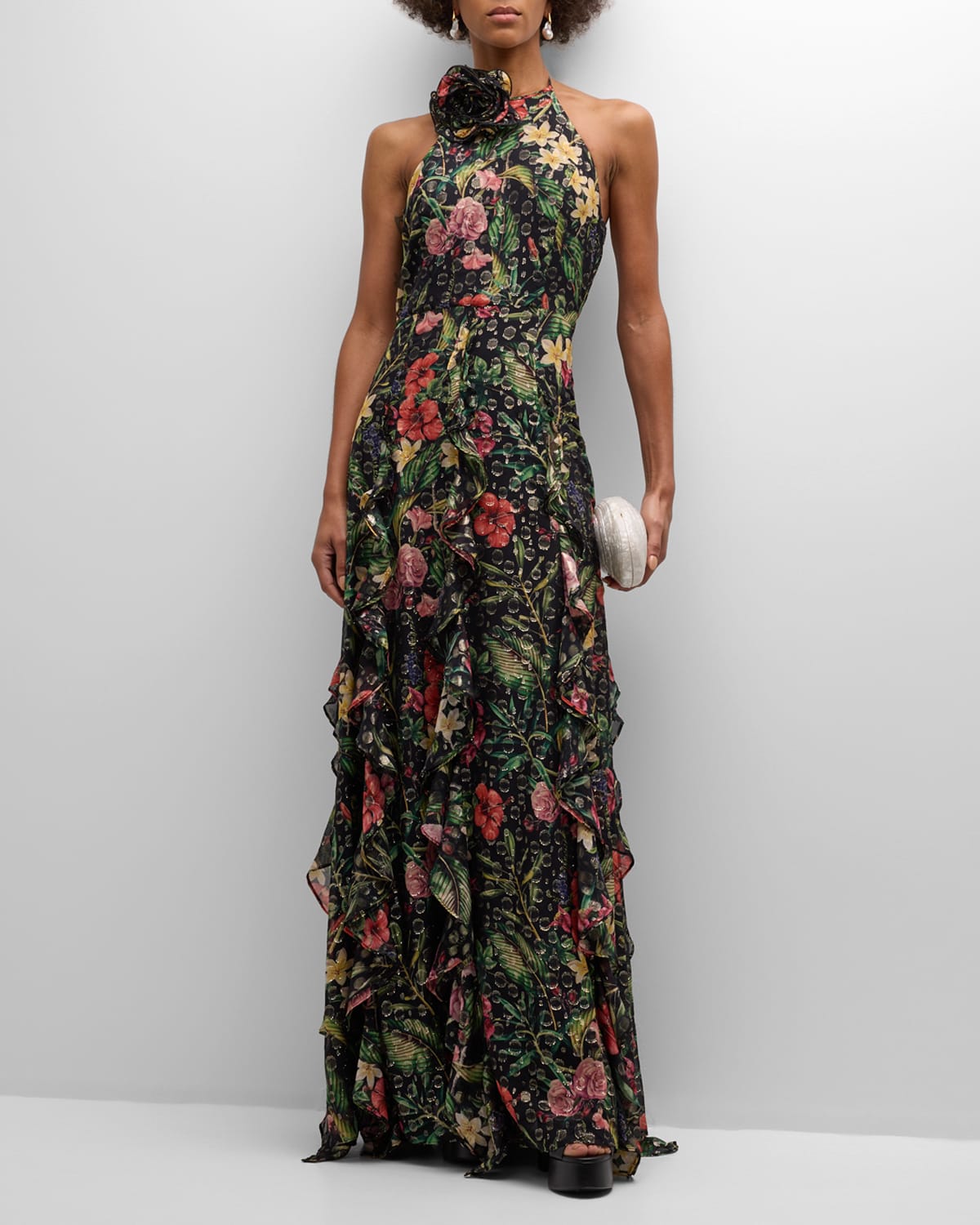 Shop Ramy Brook Idella Metallic Floral-print Ruffle Halter Gown In Black Multi
