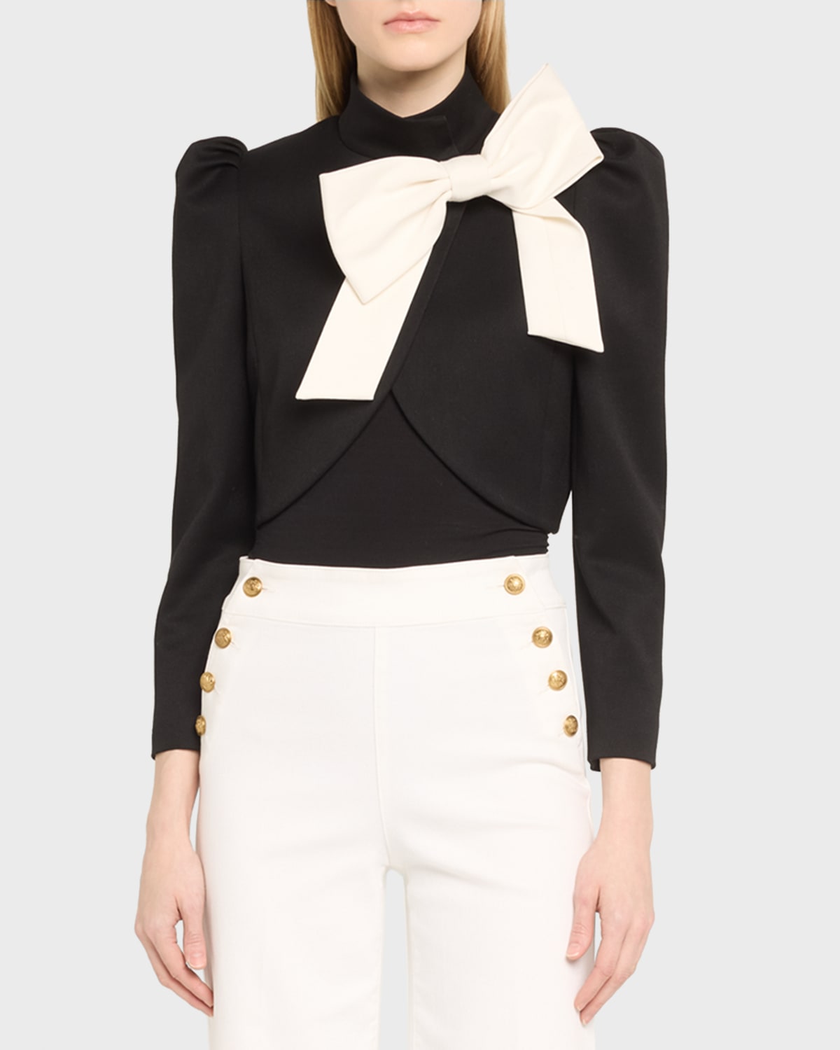 Shop Alice And Olivia Addison Bow Collar Cropped Jacket In Black/off White
