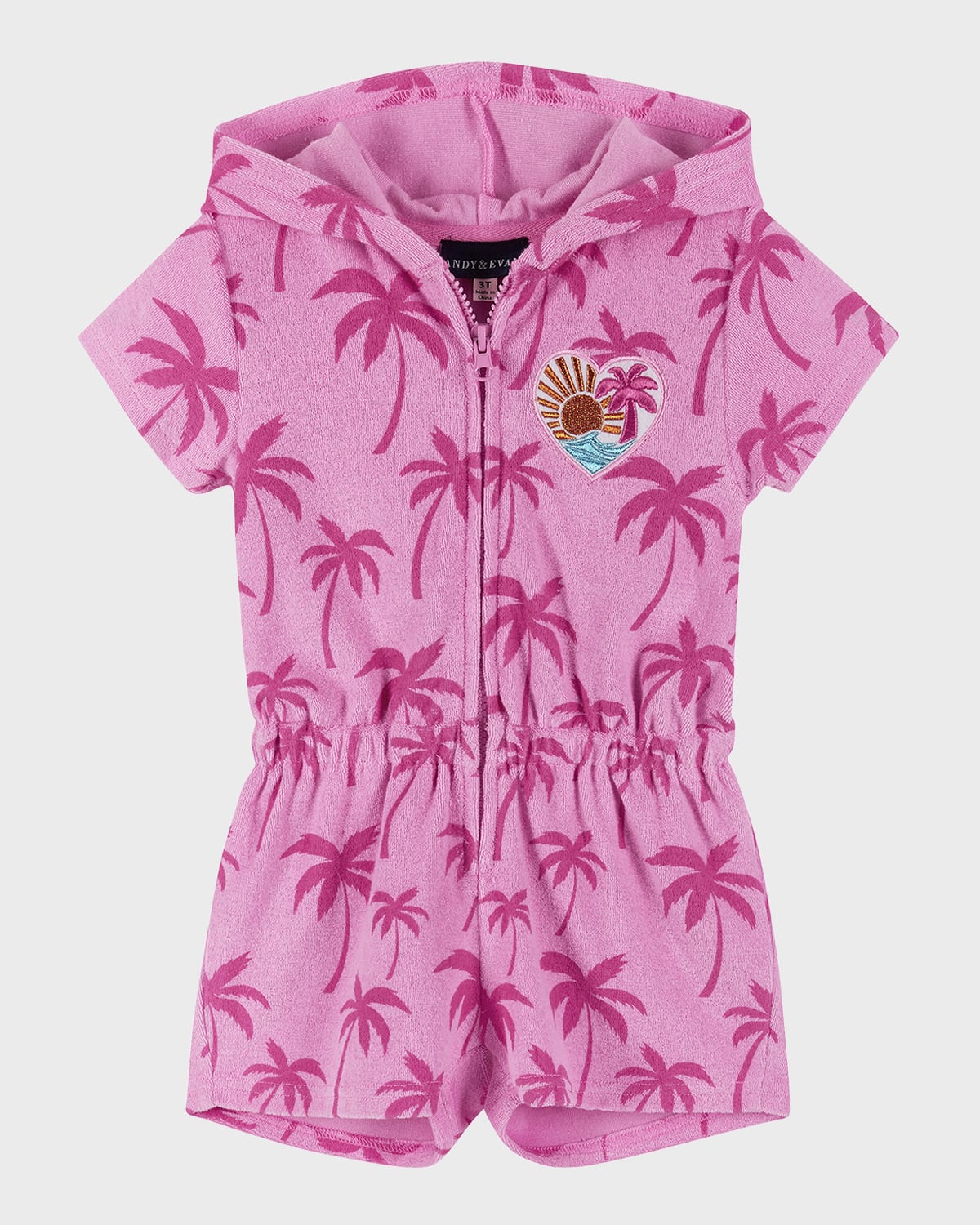 Shop Andy & Evan Girl's French Terry Hooded Romper In Pink Palms