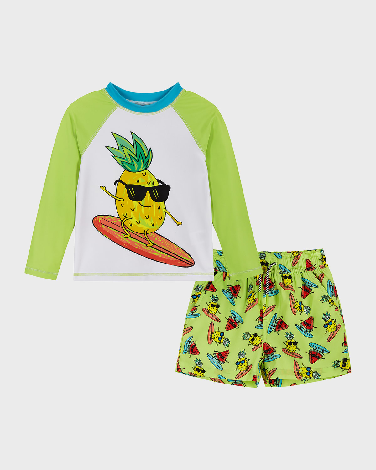 Andy & Evan Kids' Boy's Graphic Dinosaur Rashguard & Shorts In White Pineapple